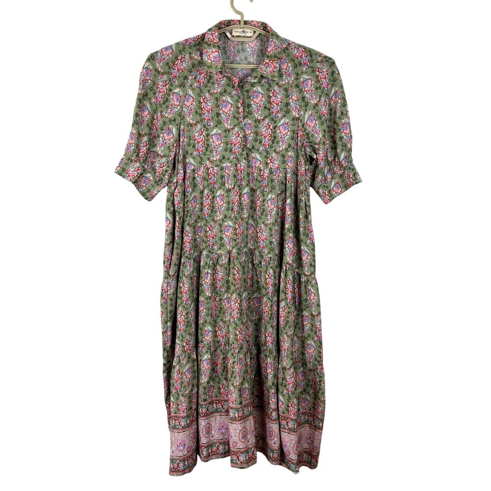 Natural Life Rebecca Midi Dress Medium Green Pink Floral boho cottage